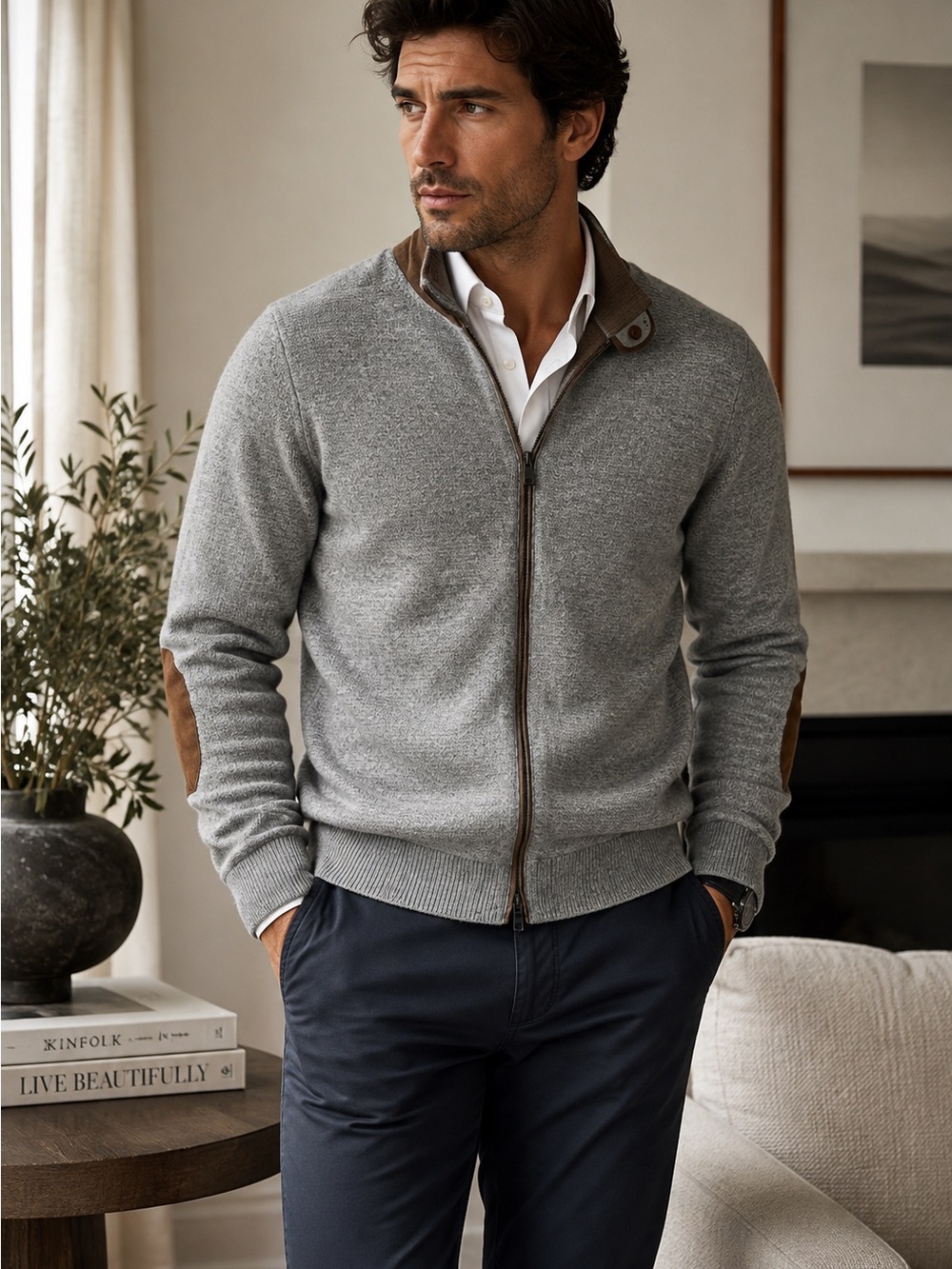 Massimo Dutti Wool Cashmere Zip Cardigan Gray Suede Elbow Patch Men XL